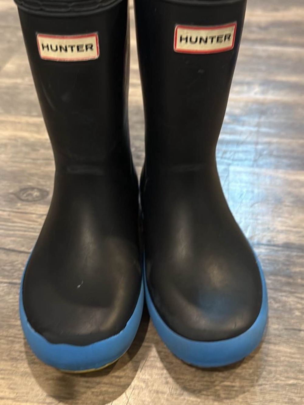 Hunter Kids Black Rain Boots with Blue Toe Trim